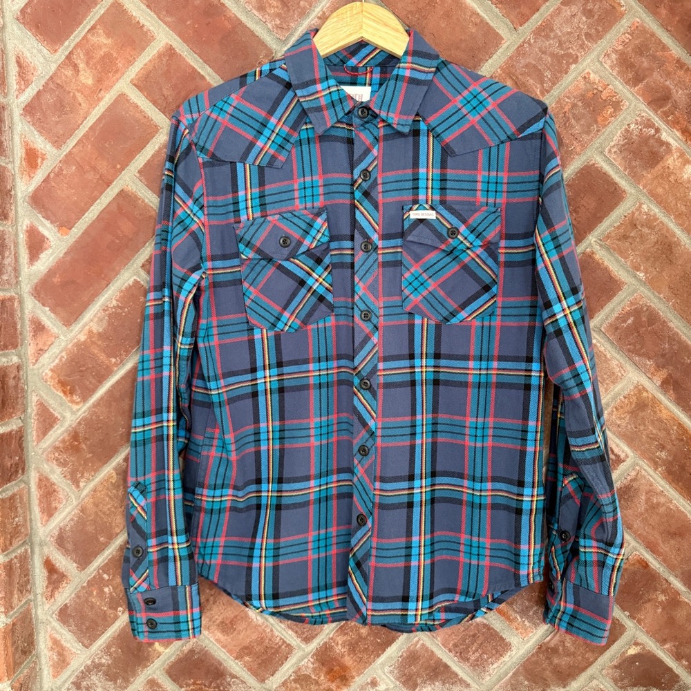 Topo Designs Plaid Flannel Shirt Mens Medium Blue Red Western Yoke Cotton